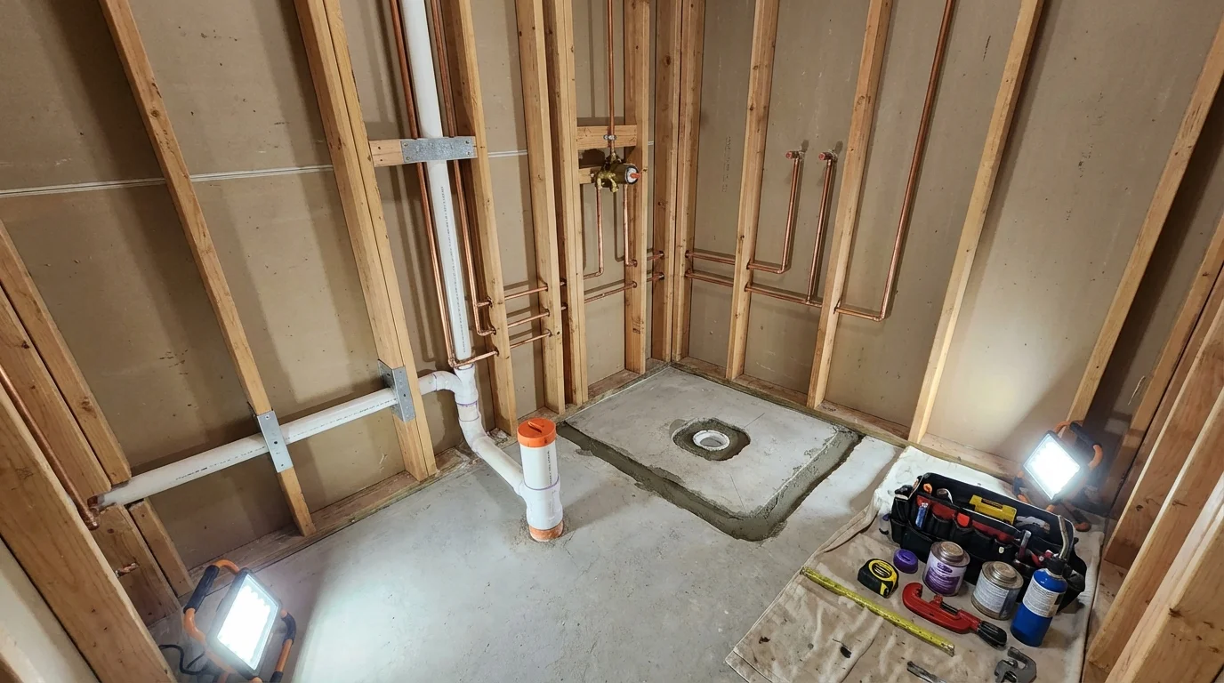Bathroom rough-in plumbing during remodel by Johns Plumbing LLC in Clark Mills