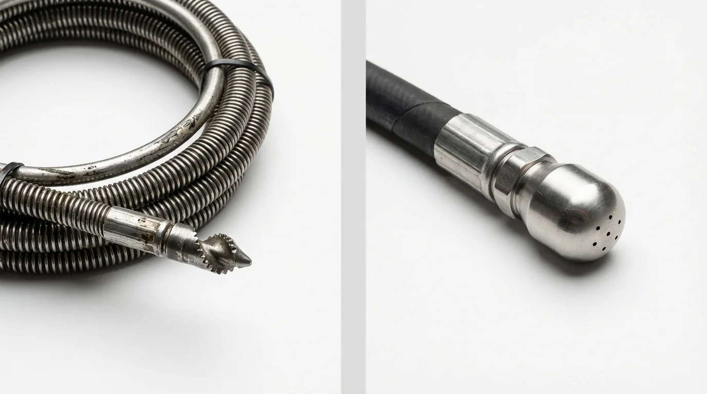 Drain snake cable and hydro jetting nozzle used for drain cleaning in Clark Mills, NY