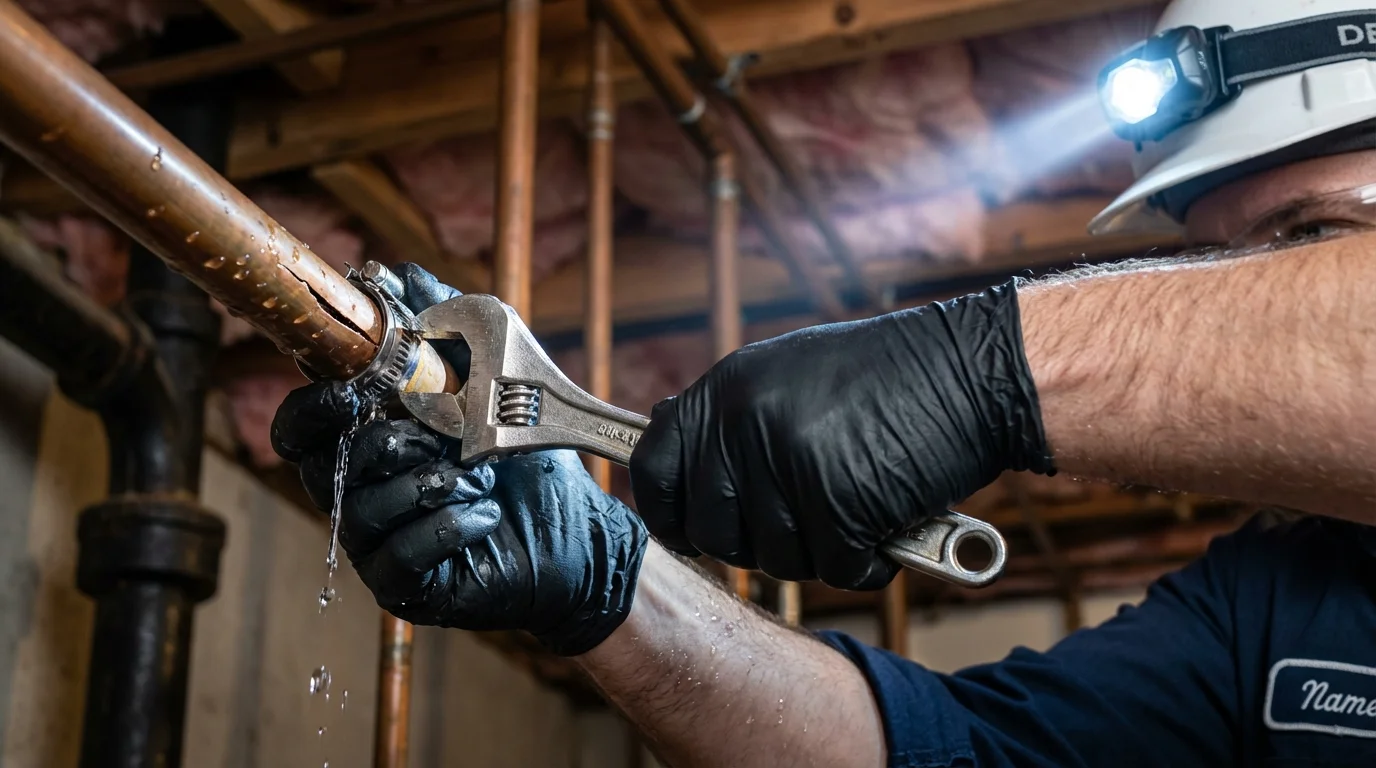 Emergency pipe clamp repair being performed by a Johns Plumbing LLC plumber in Clark Mills