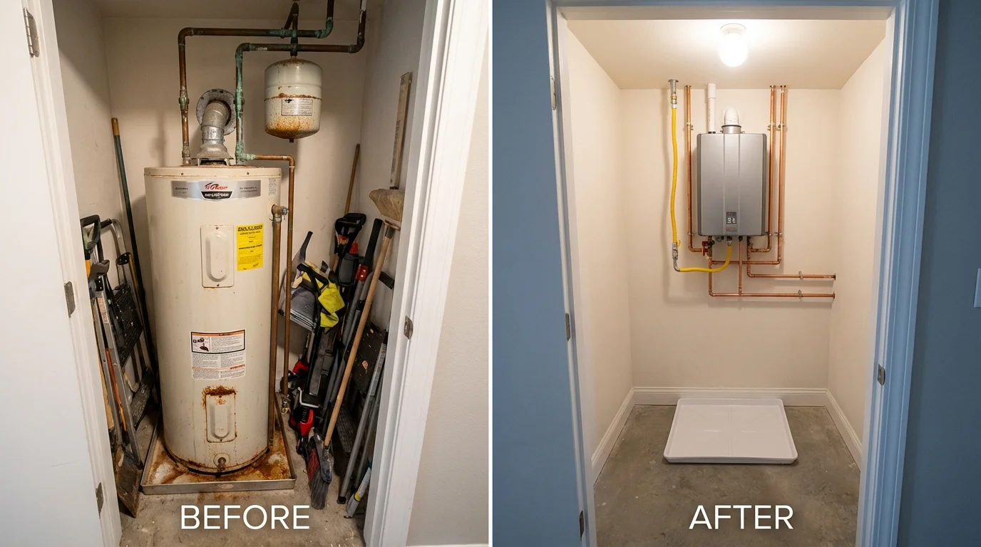 Tank water heater versus wall-mounted tankless unit comparison for Clark Mills, NY homeowners