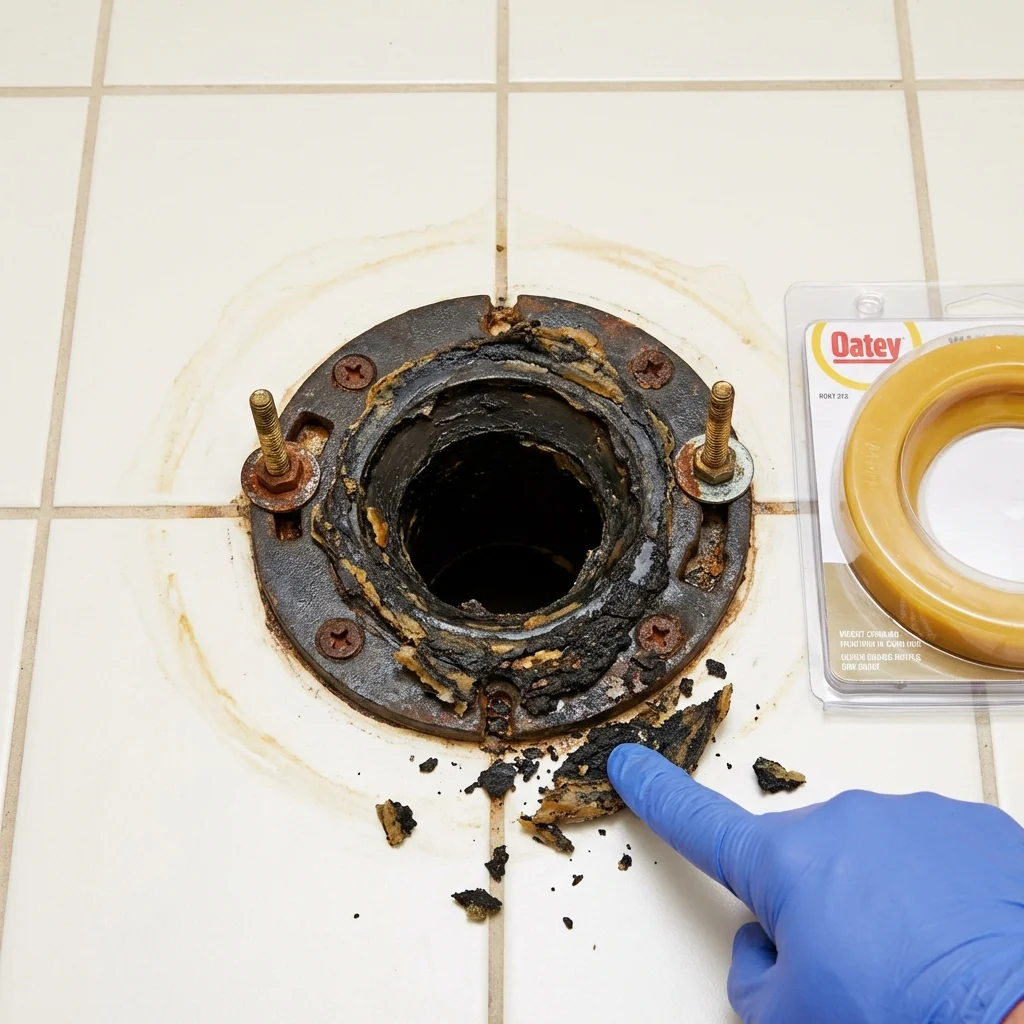 Failed wax ring showing water seepage at the base of a toilet in a Clark Mills, NY home