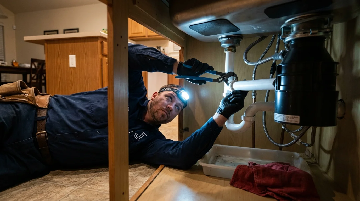 P-trap and supply line connections under a kitchen sink showing a common leak point in Clark Mills, NY
